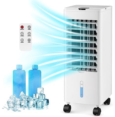 TANGZON Evaporative Air Cooler, 4-in-1 Portable Air Cooler/Fan/Humidifier with 3 Speeds, Remote Control, 12H Timer, Sleep Mode, Dual Water Tanks, LED Display, Oscillation & 2 Ice Packs (White)