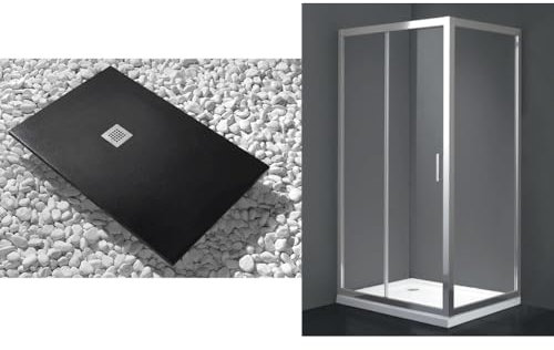 Plato de ducha 70 x 140 cm Volcano Line Extra Slim negro + mampara de ducha 70 x 140 cm Alto 200 cm con un cristal fijo y apertura frontal de 2 cristales