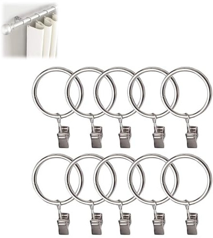 Rakiuty Argollas para Colgantes de Cortinas,Argollas para Cortinas,Anillas con Pinzas para Cortinas,32 mm de Diámetro Interior,Gancho de Cortina, para Cortinas y Barras de Cortina,10 Piezas,Plateado