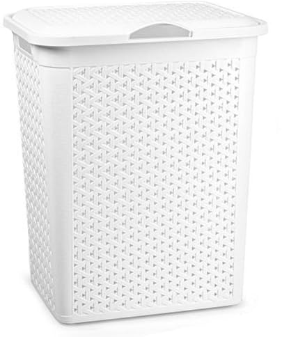 Tradineur - Cesto para ropa sucia con tapa y asas, pongotodo de plástico, cubo para colada, imitación de mimbre, fabricado en España (Blanco - 38 litros - 49 x 38,5 x 29,5 cm)