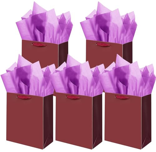 Gcardist Reife braune Geschenktüten mit Seidenpapier für Hochzeit, Geburtstag, Partyzubehör, 20,1 x 10,9 x 24,4 cm, mittelgroße Geschenktüten aus Karton (5 Beutel + 10 Seidenpapier)
