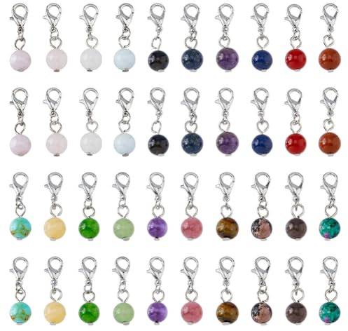 SUPERFINDINGS 80 Stück 20 Farben Clip On Charms Natürliche Edelstein Anhänger Mit Karabinerverschlüssen Runde Kugel Anhänger Baumelnde Perlen Charms Für Die Schmuckherstellung 28mm