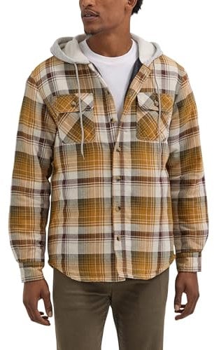 Wrangler Authentics Herren Long Sleeve Quilted Lined Flannel Shirt Jacket with Hood Langärmelige, Gesteppte, gefütterte Flanell-Hemdjacke mit Kapuze, Goldbraun, L