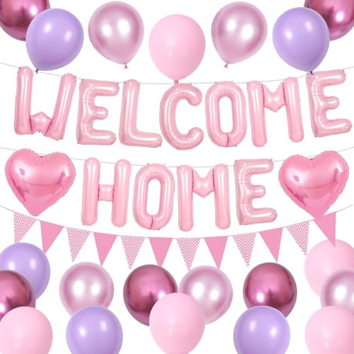 Pink Welcome Home Decorations with Foil Banner and Latex Balloons