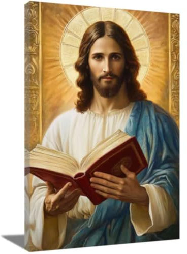 ZQQART Christlicher Jesus Leinwanddrucke Heiliger Gott hält Bibelbuch Bild Christliche Bibel Malerei Religion Spirituelles Kunstwerk Wanddekoration (blau,30x45cm)