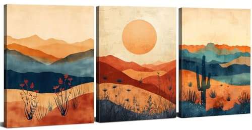 Boho Framed Canvas Wall Art Sunset Mountains Desert Landscape Pictures Mid Century Modern Wall Decor Tropical Botanical Prints Orange Neutral Boho Artwork Living Room Bedroom Decoration 30x40cm 3Pcs