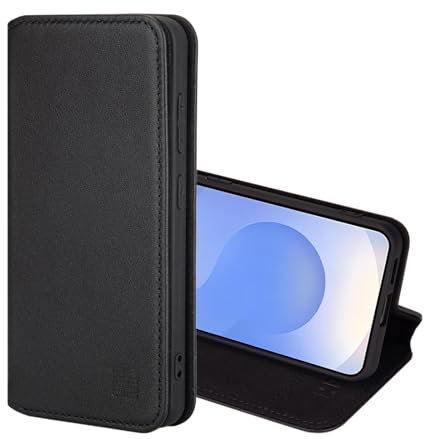 32nd Classic Series 2.0 - Real Leather Book Wallet Flip Case Cover For Samsung Galaxy S25, With RFID Blocking Card Slot, Magnetic Closure and Built In Stand - Black