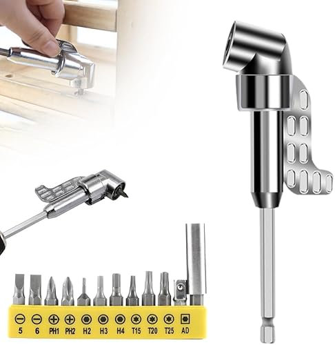 Generisch Silberner 105° Winkelbohradapter, 2024 Upgrade-Winkelbohraufsatz mit Verlängerungsschraubendreherbits, 1/4-Zoll-Sechskantschafttreiber, Winkelverlängerungsbit-Kit für Hausarbeiten (Lang)