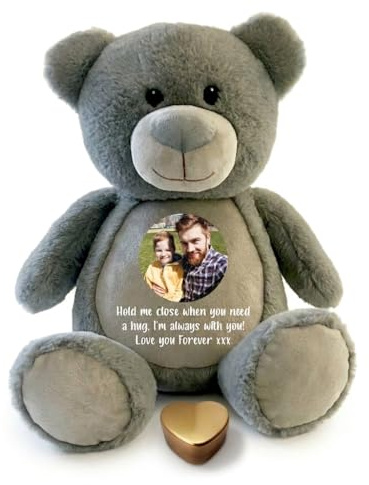 Oso de recuerdo de cenizas con foto personalizable, color gris, urna de metal en forma de corazón para cenizas de estaño, recuerdo conmemorativo de duelo, foto y mensaje personalizados, regalo de
