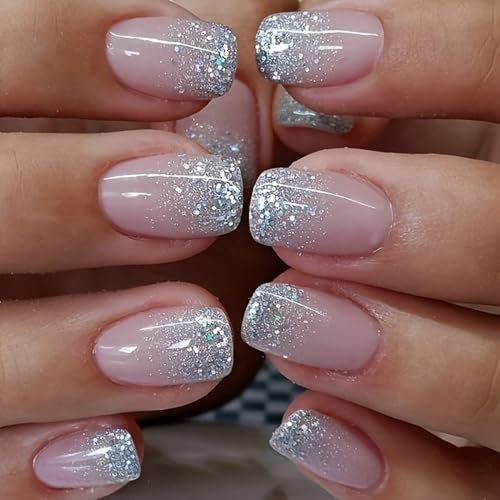 24 Short Square Press-on Nails - Pink & Glittery with Designs - Sparkly False Acrylic Stick-ons for Women's Nail Decoration - Includes 24 pcs