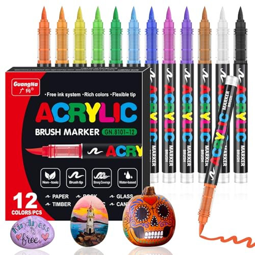 Acrylic Paint Pens, 12 Colours Accrylic Paint Brush Markers, 1-6mm Water-based Brush Tip Marker Paints Set, Art Pens for Rock, Glass, Stone, Metal, Fabric, Wood Ceramic