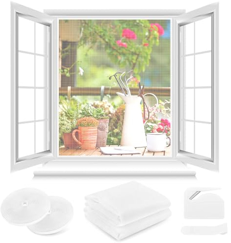 Fliegengitter Fenster ohne Bohren,DIY 100x100cm,2 Stück,Kann auf die Gewünschte Größe Zugeschnitten werden,Verdicktes Netz,Insektenschutz Fenster mit Klettband+Zuschneider+Presshilfe,Weiß