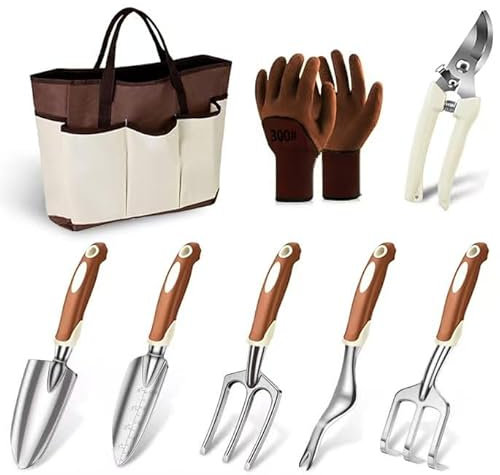 Garden Tools Set, ABRFC 8 PCS Aluminum Alloy Steel Hand Tool Gift Kit with Garden Bag, Heavy Duty Gardening Tools, Gardening Gifts for Women & Men (Brown)