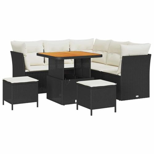vidaXL 8-teiliges Gartensofa-Set mit Kissen in Schwarz aus Poly-Rattan und Akazie für die Terrasse – modernes, wetterfestes Lounge-Möbel für entspannte Sommertage