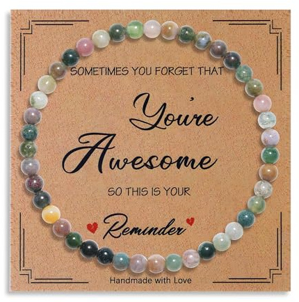 QINJIEJIE Crystal Bracelet 6mm Bead Bracelets with Encouragement Card, Yoga Relaxation Gemstones Bead Bracelets for Womens Protection Stone Birthday Gifts for Girls