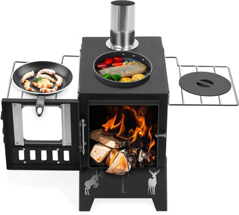 Portable Wood Burning Tent Stove for Outdoor Camping Grill, Folding Metal Barbecue Heater with Visible Window Adjustable Air Vent 5-Pipe Section, Cooking Stove for Hiking Camping Picnic (Black)