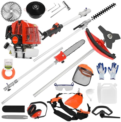 52CC 5-in-1 Multifunktions-Heckenschneider, Benzin-Heckenschere, Unkrautvernichter, Fadenschneider, Kantenschneider, Hochentaster, Kettensäge, Gartenschere mit Verlängerungsstange (Rot)