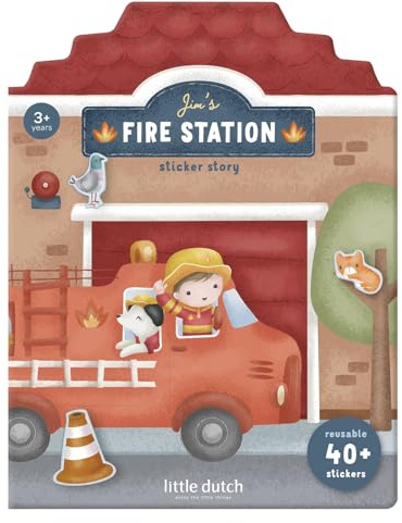 Little Dutch Sticker Story Jim's Fire Station über 40+ verschiedene wiederverwendbare Sticker Aufkleber und großer Szenerie für Jungen - Jim & Friends