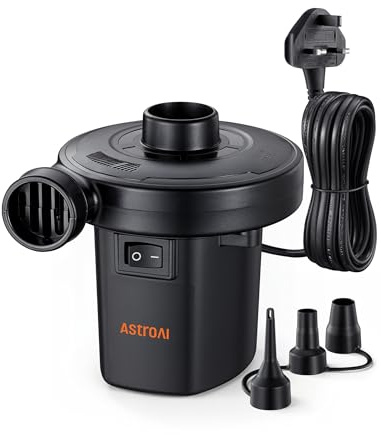 AstroAI Electric Pump for Inflatables, 400L/min Quick-Fill AC Air Pump | 3 Nozzles De/Inflation for Airbed, Mattress, Paddling Pool, Floats, Swimming Ring, Pump Raft, Home & Yard 220-240V UK