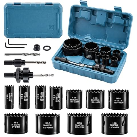 Hole Saws, 16 PCS Hole Saw Set 9mm-64mm | Carbon Steel Downlights Drill Bit Tools, for Drilling Soft Metal, Wood, PVC, Plastic, with Mandrel, Hex Key, Storage Box