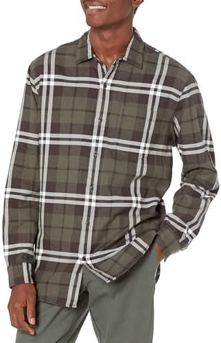 Amazon Essentials Herren Langarmhemd aus Flanell (in Übergröße erhältlich), Olivgrün Karomuster, XXL