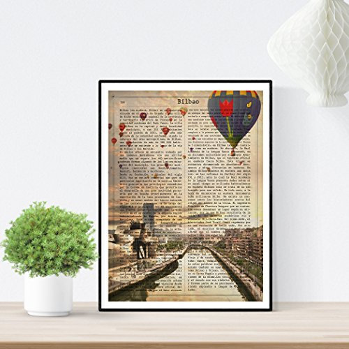 Nacnic Lámina Ciudad de Bilbao. Estilo Vintage. Ilustración, fotografía y Collage con la Historia DE Bilbao. Poster tamaño A4 Impreso en Papel
