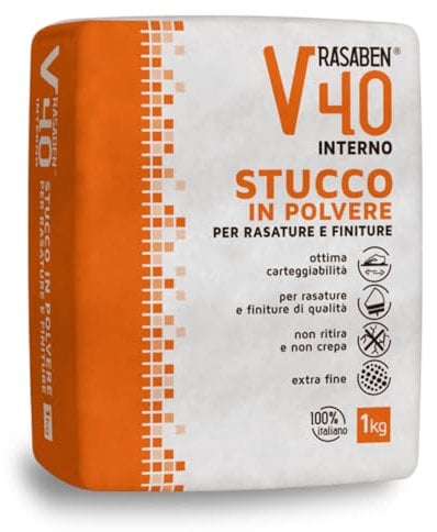 RASABEN - Stucco in Polvere V40 Extra Fine a Base di Gesso per Rasature e Finiture, Ottima Carteggiabilità, Non Ritira o Crepa, per Muri Interni e Cartongesso, Made in Italy, Sacco da 1kg