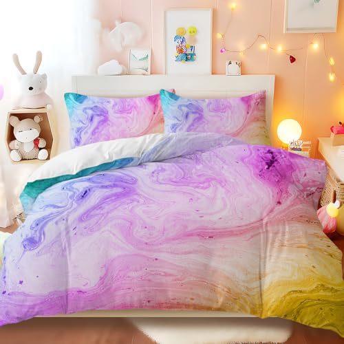 BlessLiving Colorful Marble Bedding Pastel Pink Blue Purple Duvet Cover Set Marble Abstract Art Bed Set 3 Piece Bright Girly Bedspreads(Super King-Size)