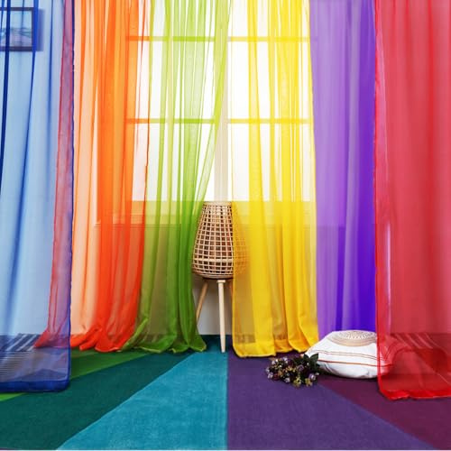 WPM - Set di 6 tende trasparenti arcobaleno per finestra, sfondo colorato, per sala giochi, asili, camera da letto, verde lime, arancione, rosso, bianco, giallo brillante, blu navy, tende per bambini