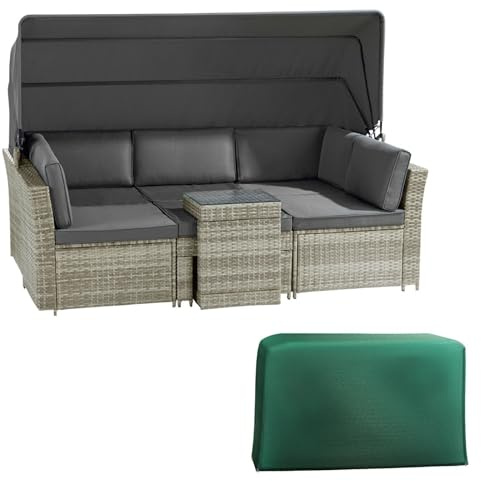 Garden Gear California Rattan Daybed 5 Piece, Outdoor Patio Furniture Set with Extendable Canopy, Cushions From (Dark Grey Daybed + Cover)