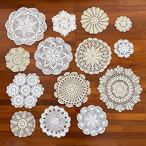 kilofly 14 Stück Häkeldeckchen aus Baumwolle, 10,2–29,2 cm, handgefertigt, Weiß / Beige