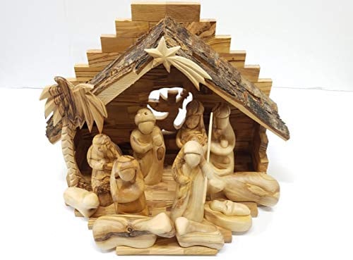 Geschnitzt aus Bethlehem Olivenholz Weihnachten Weihnachtskrippe Geschichte-Set mit Stall (27,9 cm Stall mit 12,7 cm gesichtslosen Figuren)