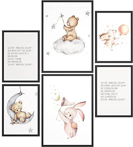 Papierschmiede® Bilder Kinderzimmer Kids Mood Poster Set Gute Nacht Tiere, Kinderzimmer Bilder Babyzimmer Deko, 2x DIN A4 und 4x DIN A5, Hase Teddy Schlafen - Kinderposter ohne Rahmen