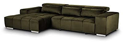 Mivano Eckcouch Orion / Großes Ecksofa mit XL-Recamiere inkl. Relaxfunktion, Kopfteilfunktion und Kissen / 307 x 73 x 186 / Velours, Grün
