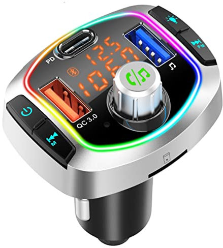 FM-Transmitter für Auto Bluetooth,LncBoc 7 RGB Bluetooth Autoadapter, Wireless FM Radio Car Kit, PD 18W & QC3.0 Schnellladegerät, Siri Voice Assistant