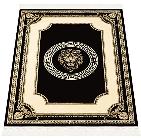 Belle Arti Premium Mäander Löwen Kopf Designer Teppich Wohnzimmer Schlafzimmer Esszimmer Teppich in Schwarz Gold - Kurzflor Antirutsch mit Fransen - modern weich Seidenglanz - 100% Viskose - 67x105 cm