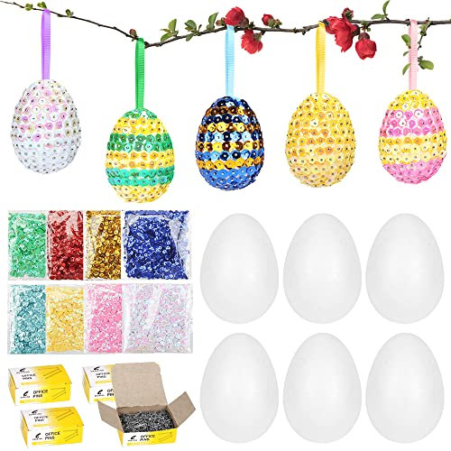 25x Ostereier Styroporeier,Ostereier Basteln,Ostereier aus Styropor Aufhängen DIY Pailletten-Eier, Ostern Basteln Set für Bemalen und Osterdeko,Inklusive Bunte Pailetten, Stecknadeln