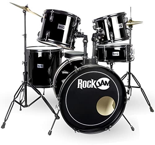 RockJam Schlagzeug-Set mit fünf Trommeln, zwei Becken, Schlagzeug-Thron und Drumsticks, Schwarz