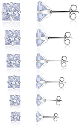 6 pares Pendientes de Tuerca de Circón Pendientes de Tuerca Hipoalergénicos Cuadrados de Acero Inoxidable de 3-8 mm Pendientes de Cartílago con Parte Posterior Plana para Hombres y Mujeres