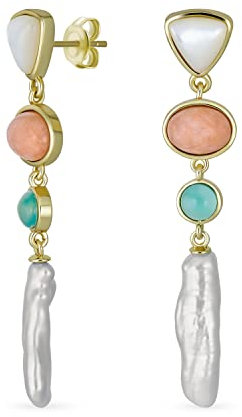 Moderne Dreifarbig Gemischt Natürlich Pastell Rosa Grün Edelsteine Geometrisch Linear Dünne Lange Off Weiß Süßwasser Kultiviert Barock Perle Baumelnd Ohrringe Für Frauen Jugendlich Gelb Vergoldet