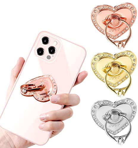 Jagowa 3 Pcs Cell Phone Ring Holder Heart Metal Rhinestone 360 Degree Rotation Finger Ring for All Smartphones (Rose Gold, Gold, Silver)