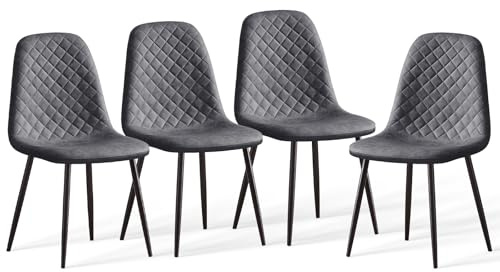 AINPECCA Set of 4 Faux Leather Dining Chairs Gray Kitchen Chais Fabric Upholstered Seat with Metal Legs Living Room Dressing Lounge Home (4,Gray PU)