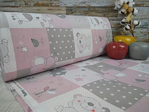 240cm Extrabreit Popeline Baumwolle Stoff Meterware ab 50cm 100% Baumwollstoff Stoffe Bastelstoff ÖKO-TEX Ranforce Kinderstoffe Stoffe Kinder Patch Giraffe Babystoffe Baby Elefant VP0K013 (Rosa/Grau)
