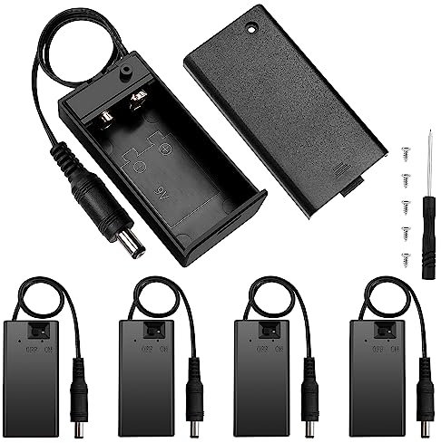 5 PCS 9V Battery Holder, KUOQIY Plastic 9 Volt Battery Case with Cover ON/Off DC Plug, 9V Battery Storage Box for CCTV, Motor, Solenoid, LED Strip, with Screw & Screwdriver