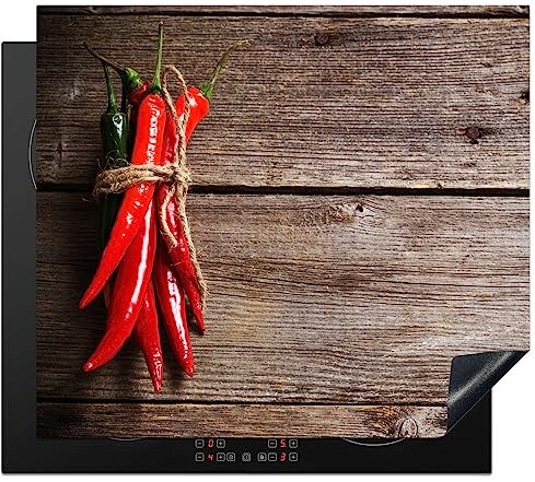 KitchenYeah© Protezione Piano Cottura Tappetino per Induzione 60x52 cm Cucina Proteggi Coprifornello Antiscivolo Pepe - Legno - Spezie - Erbe - Rosso