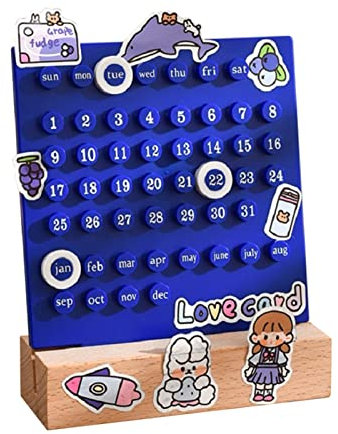UPQRSG Holz Tischkalender, Ewiger Planerkalender, Schreibtisch Terminplaner, Integrierter Tisch, Monats und Datumsanzeige, Kalenderornamente für DIy Home Stationer Bürodekoration(Blau)
