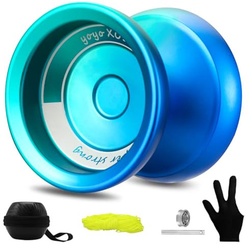 YOYOSTUDIO Responsive Yoyo Professional X0312 Unresponsive Yoyo for Kids 8-12, Fingerspin Yo for Adults Kids Beginners, Metal Trick Yoyos, Pro Yo-Yo with 10 Strings, Case and Gloves Blue and Green