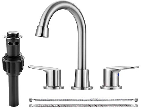 iVIGA Badezimmer-Wasserhahn mit 2 Griffen, 3 Löchern, weit verbreiteter Badezimmer-Wasserhahn mit Kupfer-Pop-Up-Ablauf, gebürstetes Nickel, schwenkbarer Auslauf mit Ablaufmontage für Toilette,