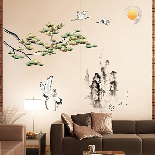 COVPAW® Wandtattoo Wandaufkleber XXL Kiefern und Kraniche Berg Chinesische Malerei Japanisch Gemälde Wandsticker Wandbild Bilder Wohnzimmer Schlafzimmer Deco
