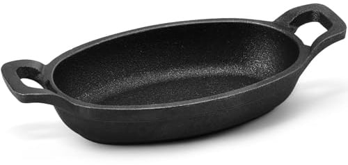 Uiifan 1 Stück Gusseisen Mini Oval Servierschale Pfannen Mini Gusseisen Skillet 8oz Kleine ovale Servierschalen zum Backen Braten Kochen Grillen Vorspeisen Schwarz Kleine Pfannen Pfannen für kleine